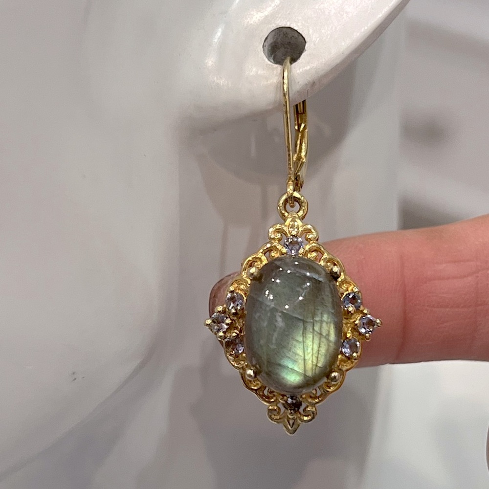 Malagasy Labradorite Catalina Iolite YG Sterling Silver Lever Back Earri… - Picture 6 of 15